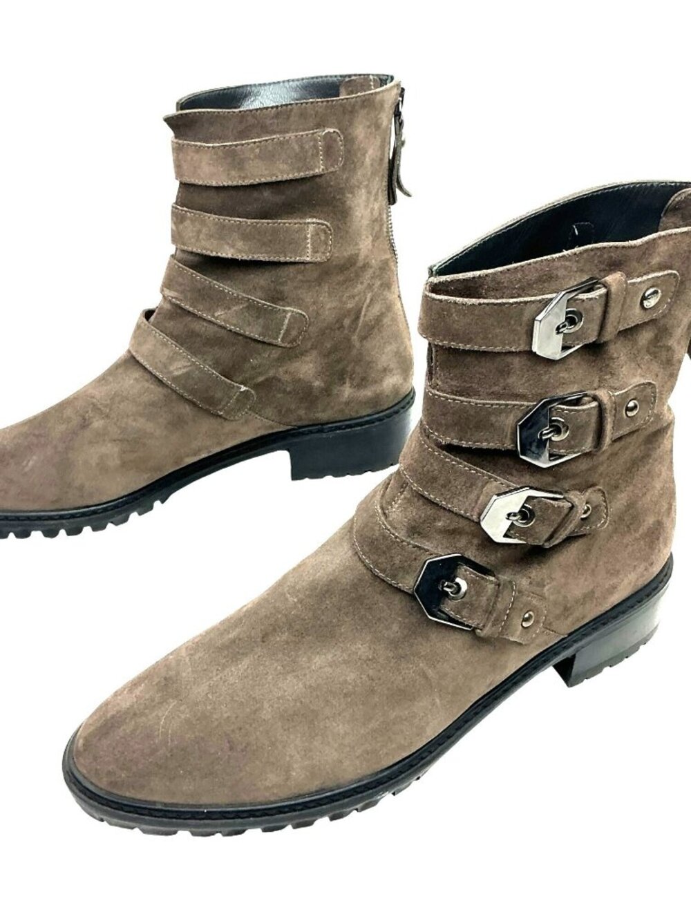 Stuart Weitzman Jitterbug Moto Suede 4 Buckle Boots Womens 8.5M Brown